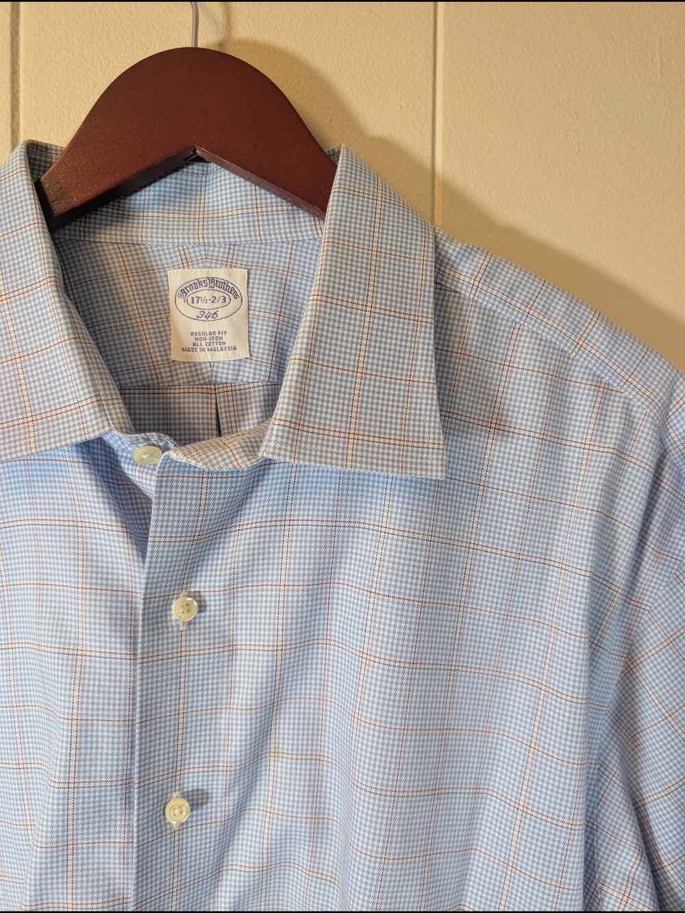 Brooks Brothers 346 Regular Fit Dress Shirt Blue Check Non-Iron Men's 17.5 34/35